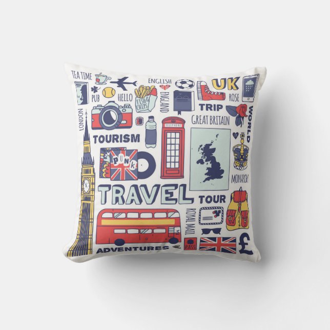 England Travel Doodles Throw Pillow (Front)