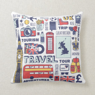 England Travel Doodles Throw Pillow