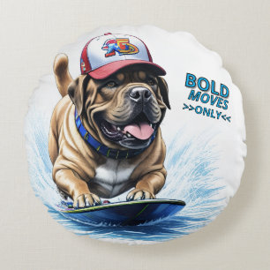 Englische Dogge Mastiff auf Surfbrett Round Pillow