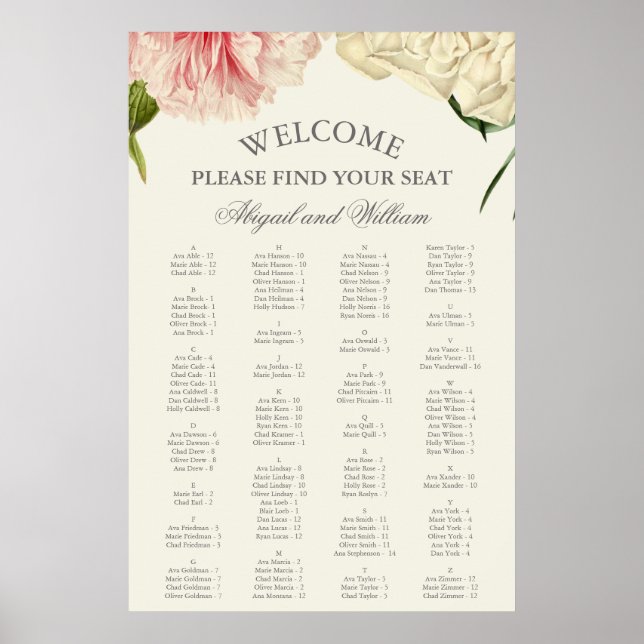 English Blooms Alphabetical Seating Chart (Front)