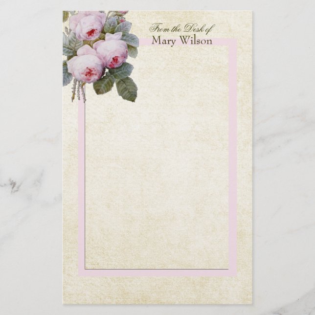 English Bourbon Roses Bouquet Custom Personalized Stationery (Front)