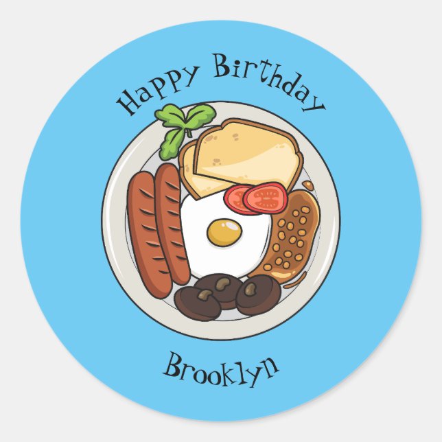 English breakfast cartoon illustration classic round sticker (Front)