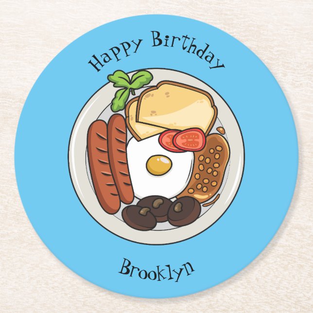 English breakfast cartoon illustration round paper coaster (Front)