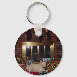english bull terrier christmas present fireplace keychain