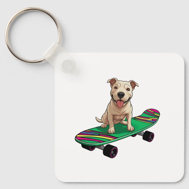 English Bull Terrier on a Skateboard Keychain (Front)