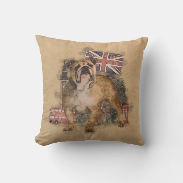 English Bulldog and England sketch Throw Pillow (Front)