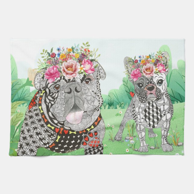 English Bulldog and French Bulldog Kitchen Towel (Horizontal)