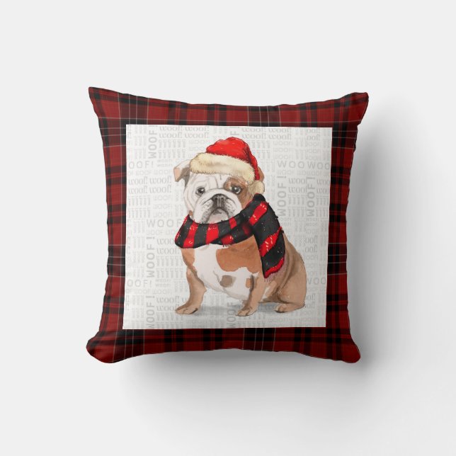 English Bulldog and Plaid Pet Lovers Christmas Thr Throw Pillow (Front)