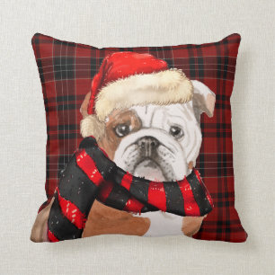 English Bulldog and Plaid Pet Lovers Christmas Thr Throw Pillow