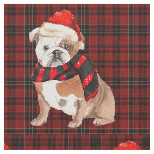 English Bulldog and Red Plaid Christmas Fabric