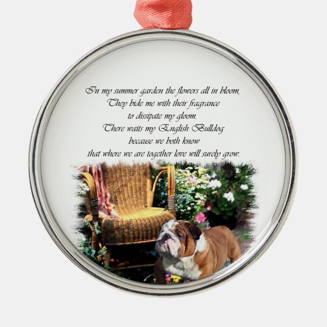 English Bulldog Art Summer Garden Metal Ornament (Front)