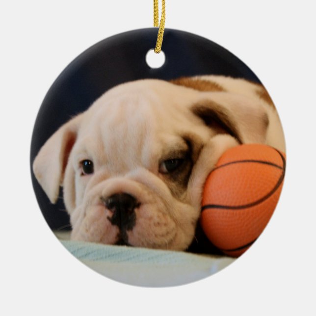 English Bulldog Basketball Puppy Ceramic Ornament (Front)