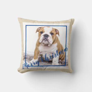 English Bulldog Blue Christmas Holiday Photo Throw Pillow