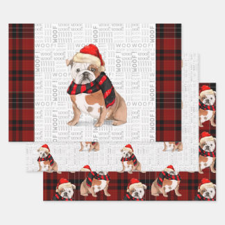 English Bulldog Christmas Dog and Plaid Wrapping Paper Sheet