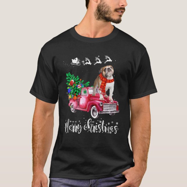 English Bulldog Christmas Ride Red Truck T-Shirt (Front)