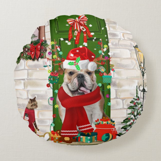 English Bulldog Christmas   Round Pillow (Front)
