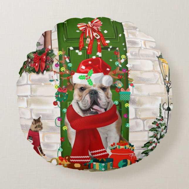 English Bulldog Christmas  Round Pillow (Front)