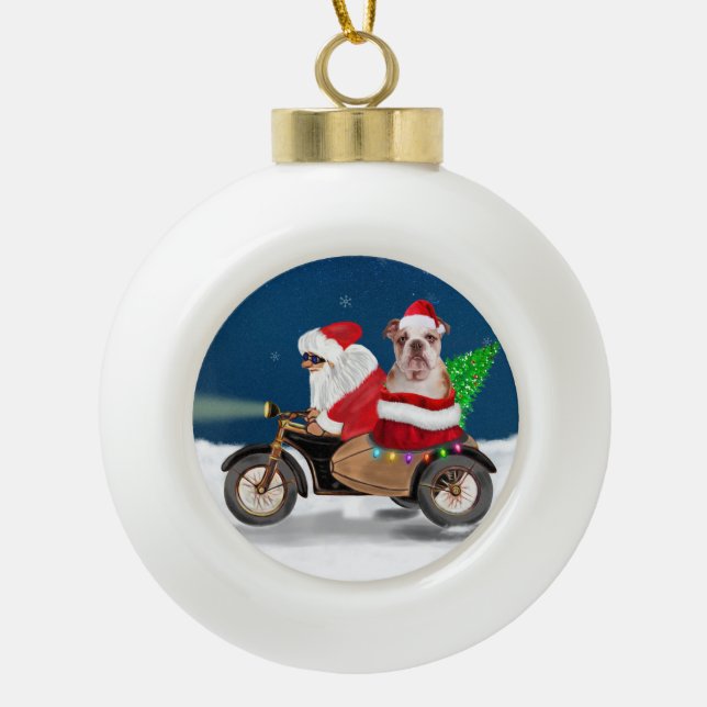 English Bulldog Christmas Santa Claus  Ceramic Ball Christmas Ornament (Front)