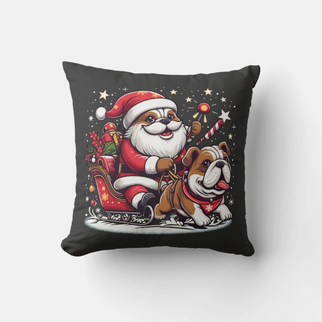 English Bulldog christmas santa claus riding Funny Throw Pillow (Front)