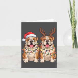 English Bulldog Christmas Santa Hat Reindeer Light Card