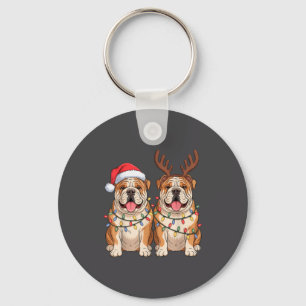 English Bulldog Christmas Santa Hat Reindeer Light Keychain