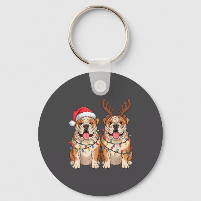 English Bulldog Christmas Santa Hat Reindeer Light Keychain (Front)