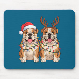 English Bulldog Christmas Santa Hat Reindeer Light Mouse Pad