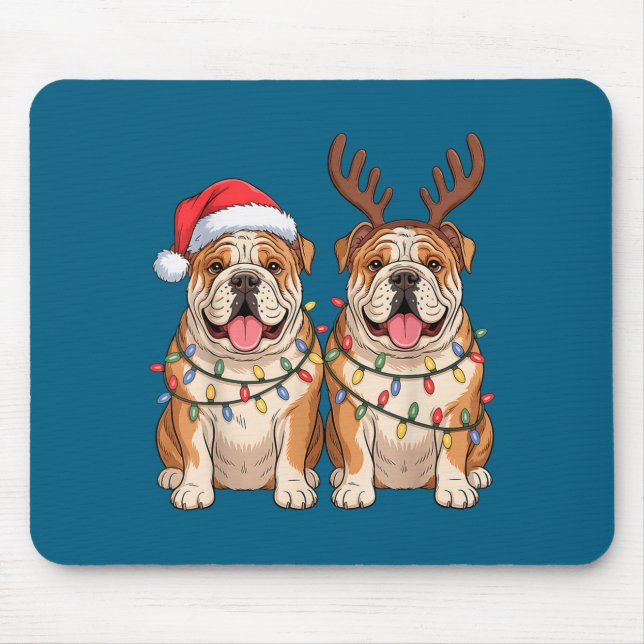 English Bulldog Christmas Santa Hat Reindeer Light Mouse Pad (Front)