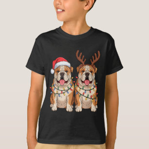 English Bulldog Christmas Santa Hat Reindeer Light T-Shirt