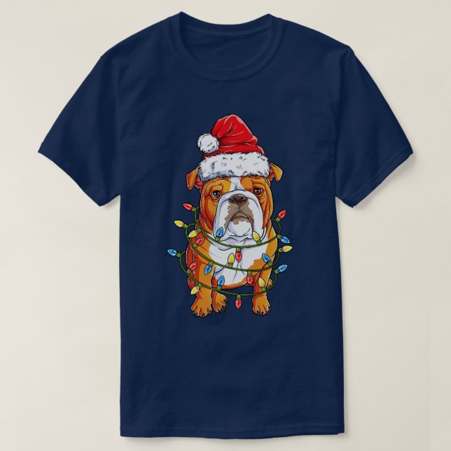 English Bulldog Christmas  Santa Hat Xmas Lights B T-Shirt (Design Front)