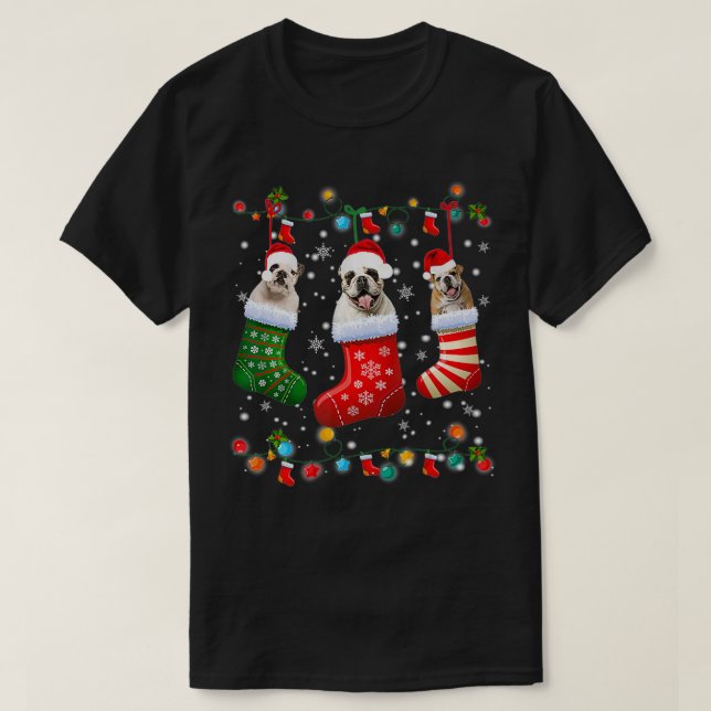 English Bulldog Christmas Socks Funny Xmas Pajama  T-Shirt (Design Front)