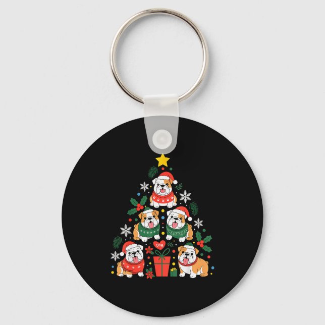English Bulldog Christmas Tree Dog Lover Women Men Keychain (Front)