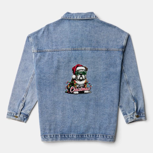 English Bulldog Christmas Tree Lights Santa Dog  Denim Jacket (Back)