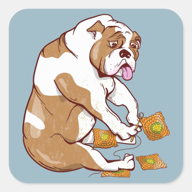 English Bulldog Crochet Square Sticker (Front)