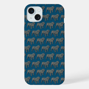 English Bulldog Cute Dog Silhouette Grid Blue iPhone 15 Plus Case