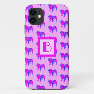 English Bulldog Cute Pink Blue Silhouette Monogram iPhone 11 Case