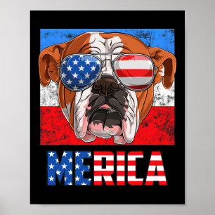English Bulldog Dog 4th Of July American Flag Meri Poster