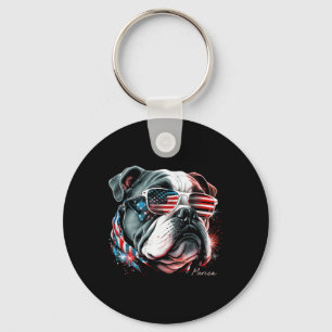 English Bulldog Dog 4th Of July American Flag Usa Keychain