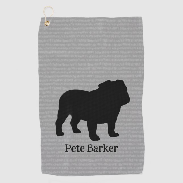 English Bulldog Dog Breed Silhouette Custom Text Golf Towel (Front)
