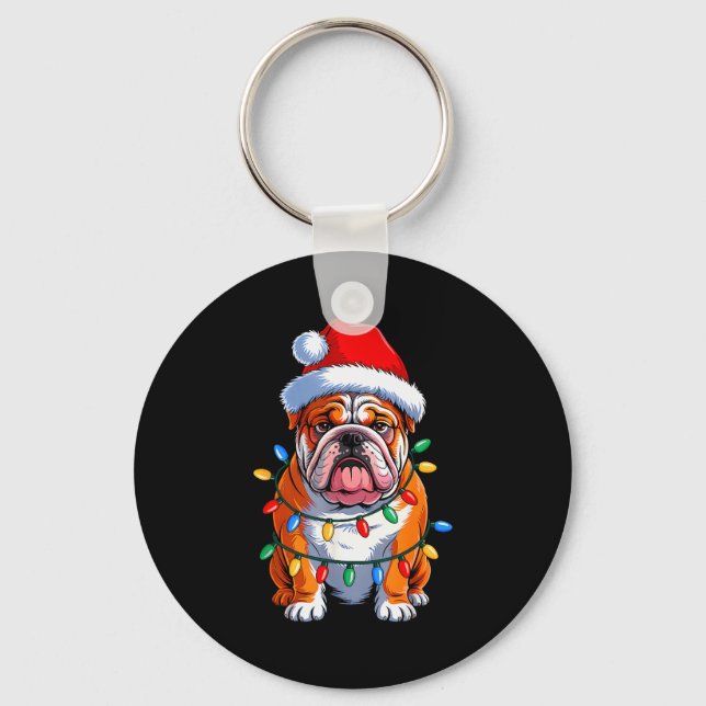 English Bulldog Dog Christmas Lights Santa Hat Xma Keychain (Front)