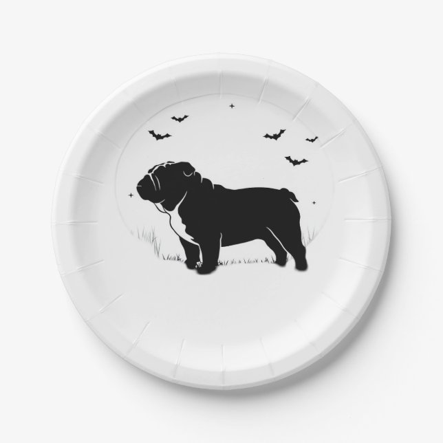 English Bulldog Dog – Halloween Moon Silhouette Ov Paper Plate (Front)