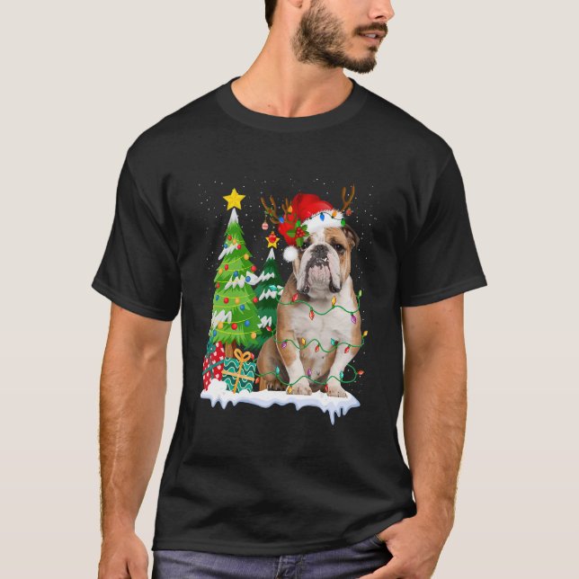 English Bulldog Dog Santa Hat Reindeer Christmas L T-Shirt (Front)