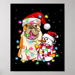 English Bulldog Dog Snowman Santa Hat Lights Poster