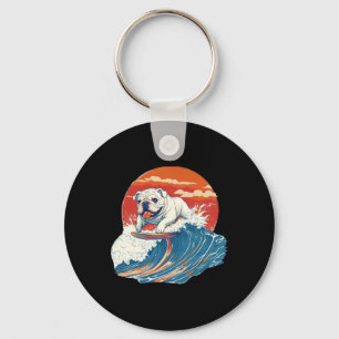 English Bulldog Dog Surfing Surfer Keychain