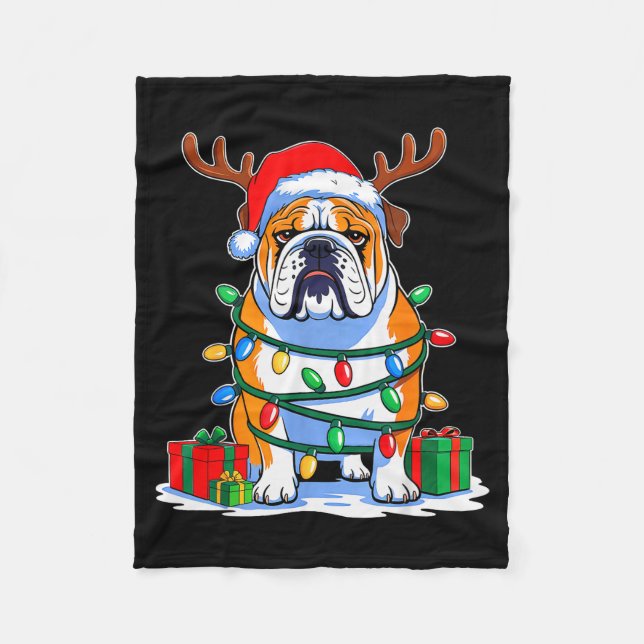 English Bulldog Dog Tree Christmas Lights Funny Xm Fleece Blanket (Front)
