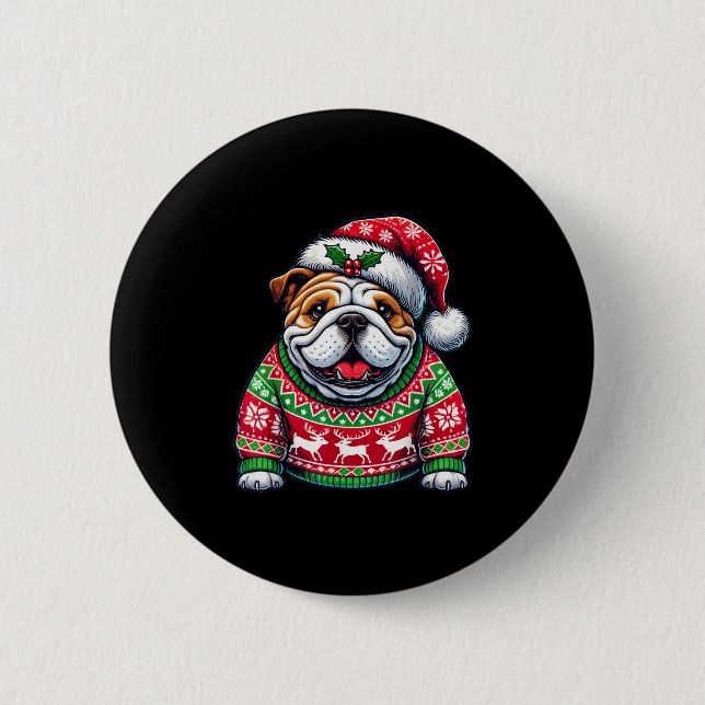 English Bulldog Dog Ugly Sweater Santa Hat Christm 2 Inch Round Button (Front)