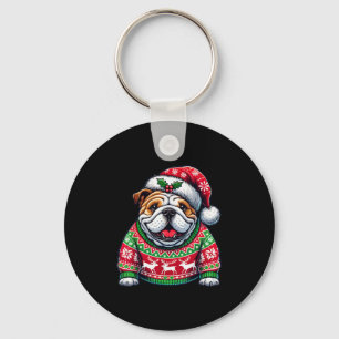 English Bulldog Dog Ugly Sweater Santa Hat Christm Keychain
