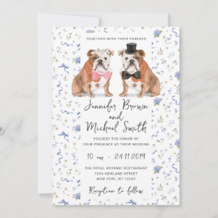 English Bulldog Dogs Lover Navy Flowers Wedding Invitation