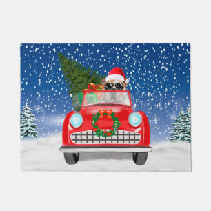 English Bulldog Driving Car In Snow Christmas Doormat