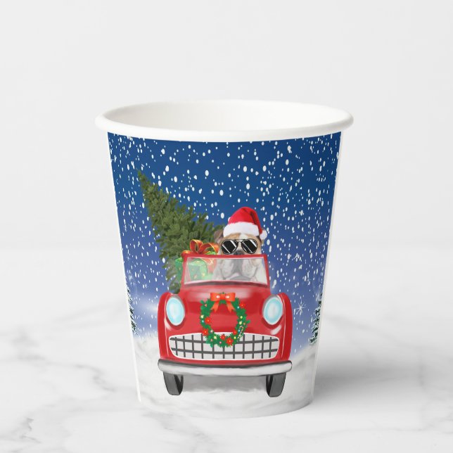 English Bulldog Driving Car In Snow Christmas Paper Cups (Front)